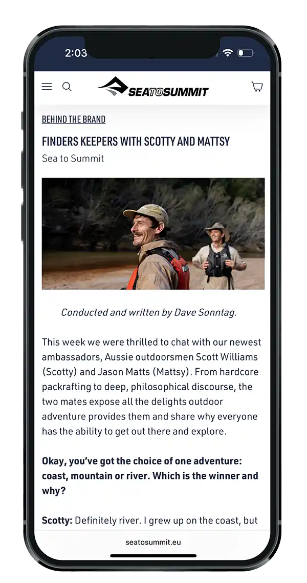 Smartphone with Dave Sonntag Written article on Sea to Summit.