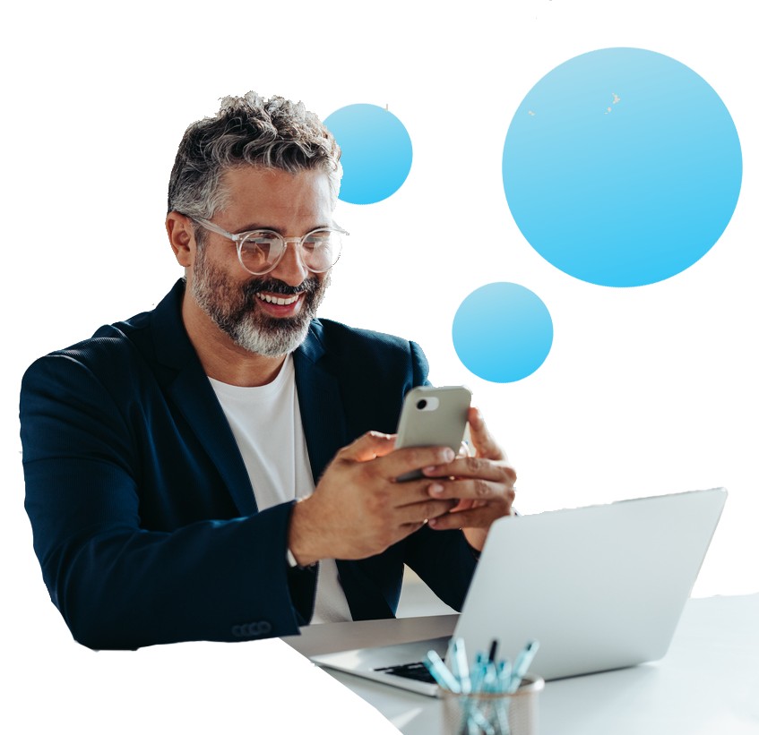 Professional copywriter on phone with blue dots abstractly around him.