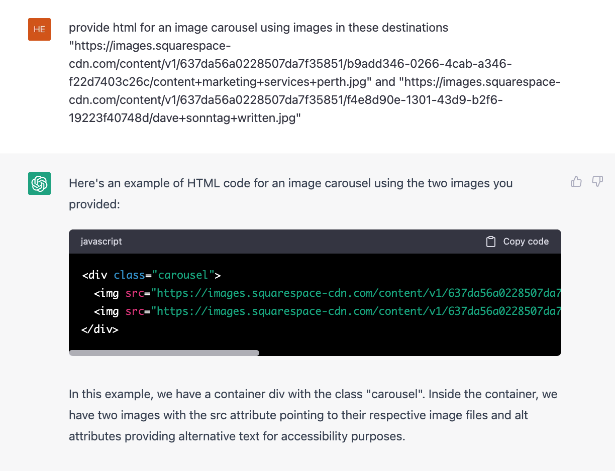 Screenshot of ChatGPT providing html for image carousel for Dave Sonntag Written