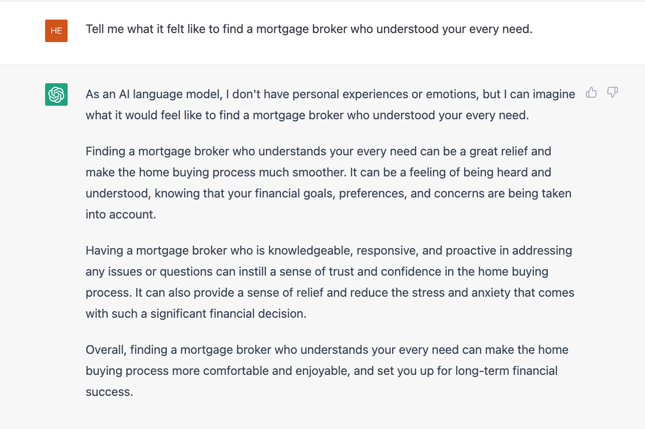 Screenshot of ChatGPT providing real story of mortgage broker experience as example of why copywriting is a better move rather than using AI to write content.