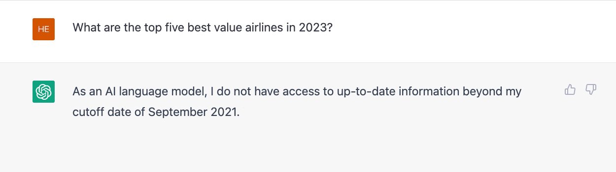 Screenshot of ChatGPT providing response to real time data on 2023 airlines.