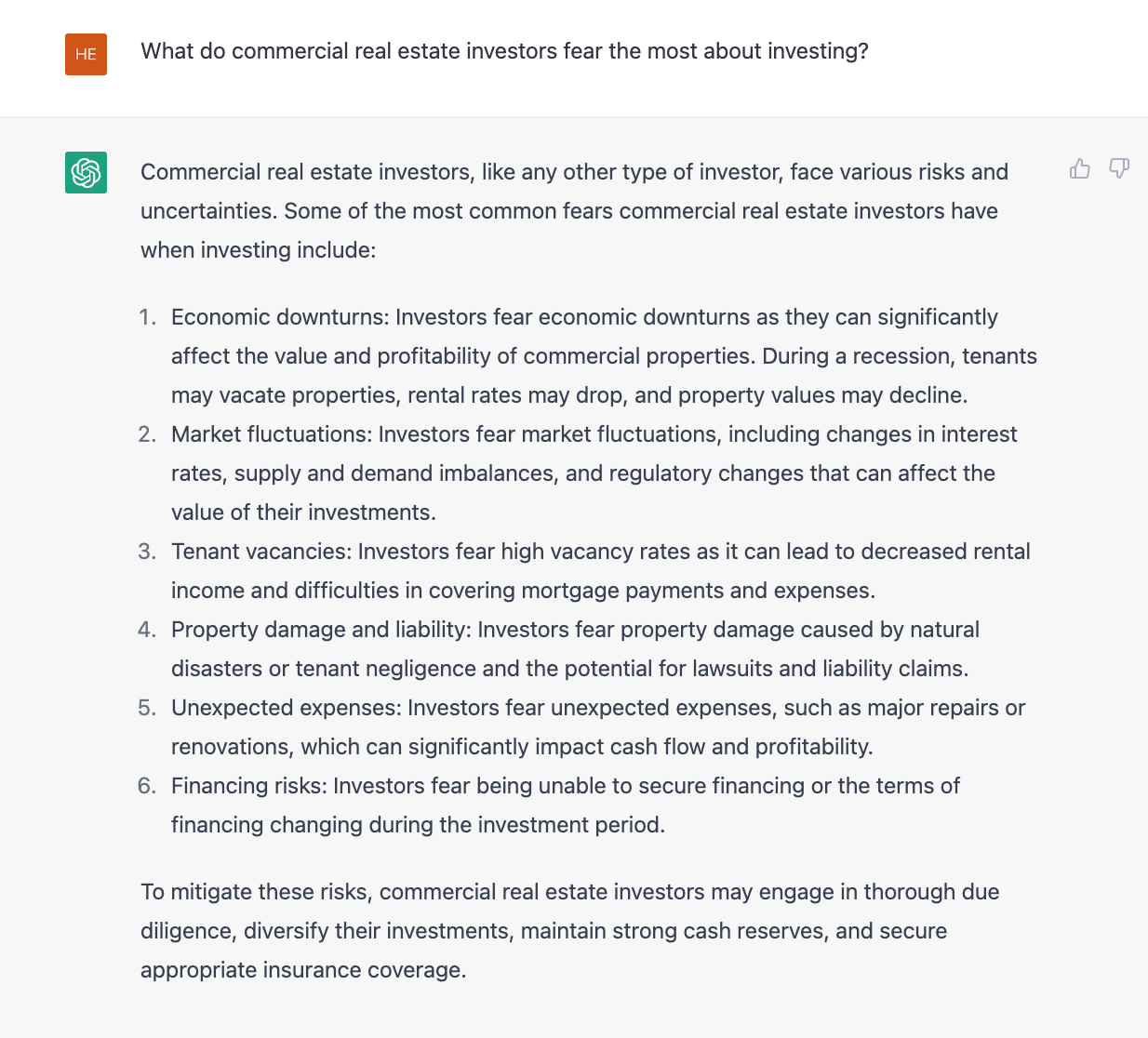 Screenshot of ChatGPT response regarding objections from commercial property investors.