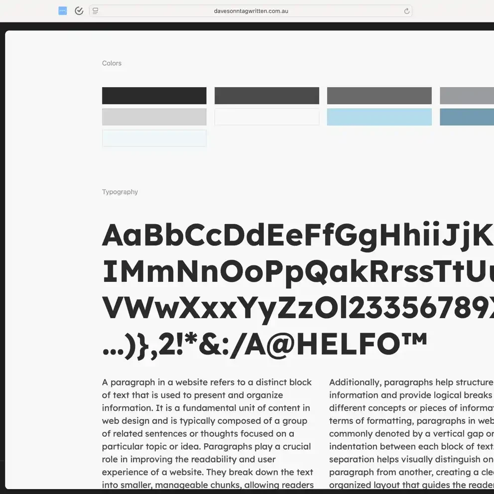 Corner of screenshot with Dave Sonntag Written copywriting website's style guide in view.