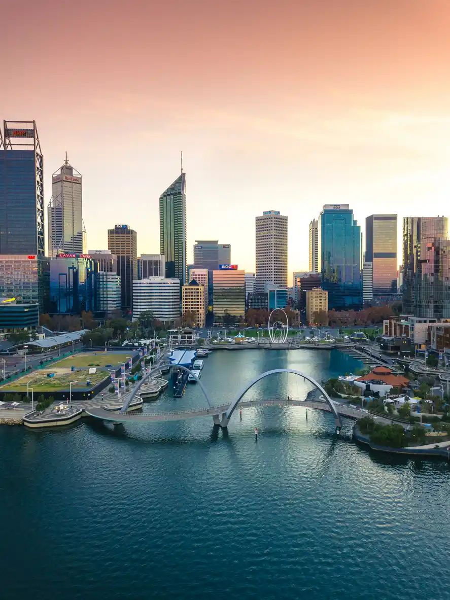 Shot of Perth skyline at dawn from Elizabeth Quay (drone).