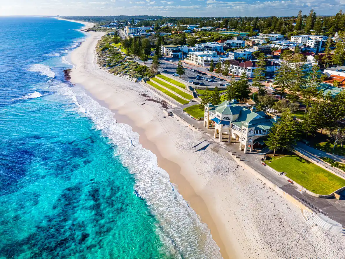 Drone shot of Cottesloe beach in Perth on a beautiful sunny day