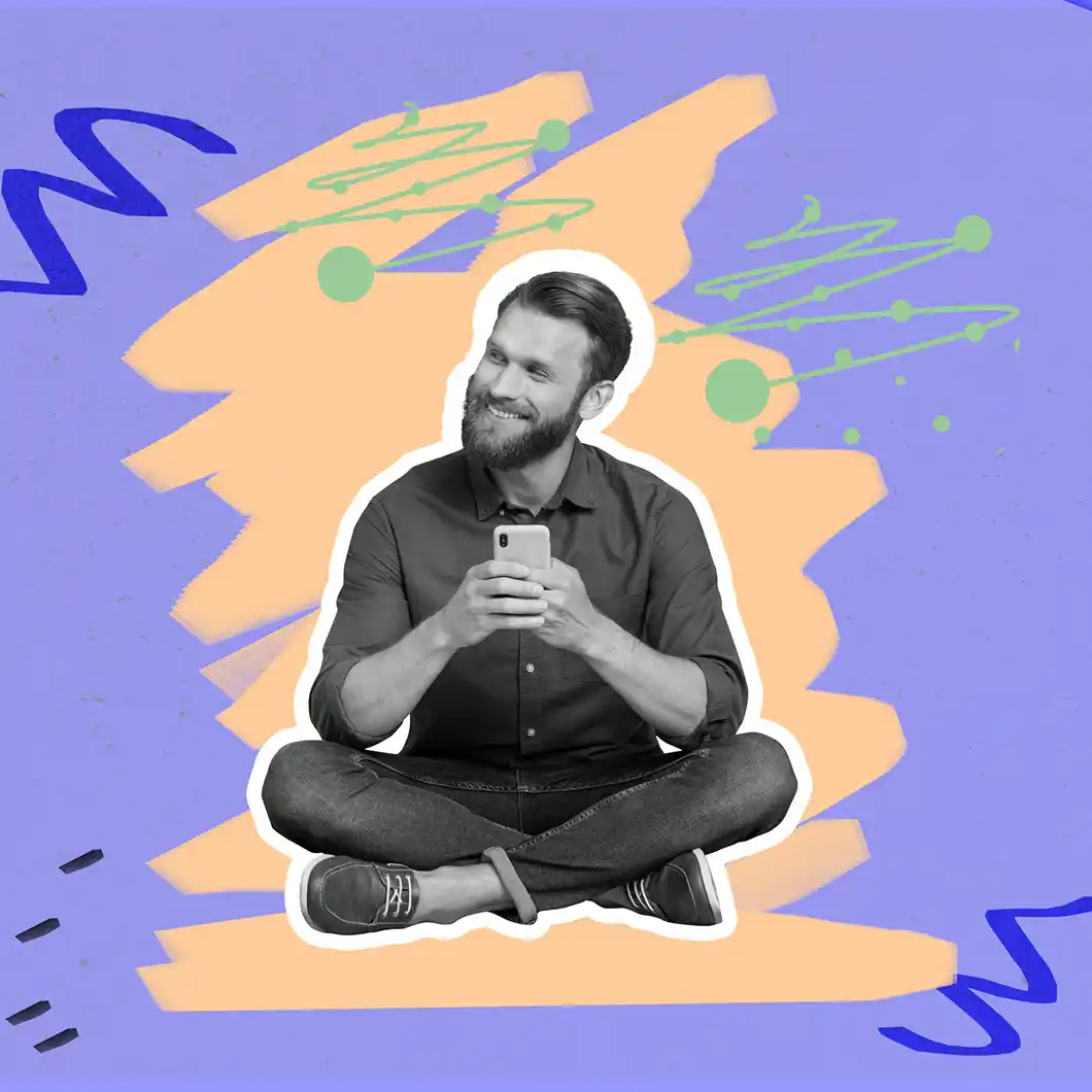 strategic seo services australia.jpg Collage of man with mobile phone cross legged on floor with purple and yellow abstract art around him.